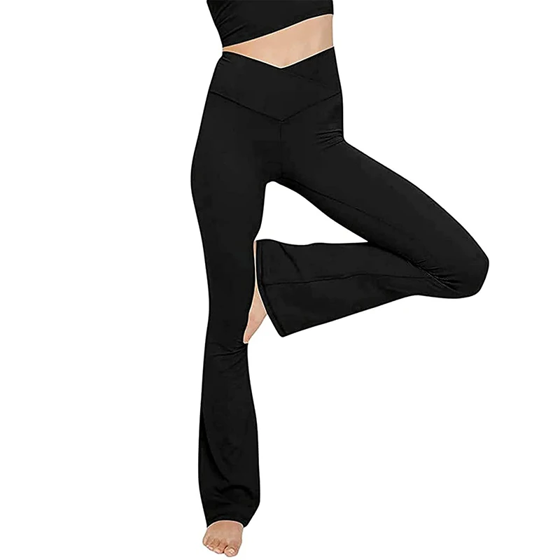 

Women's High Waisted Tight Flared Pants Stretchy Fitted Cross-over Waist Flare-Leg Full Length Athletic Leggings Female Outfit
