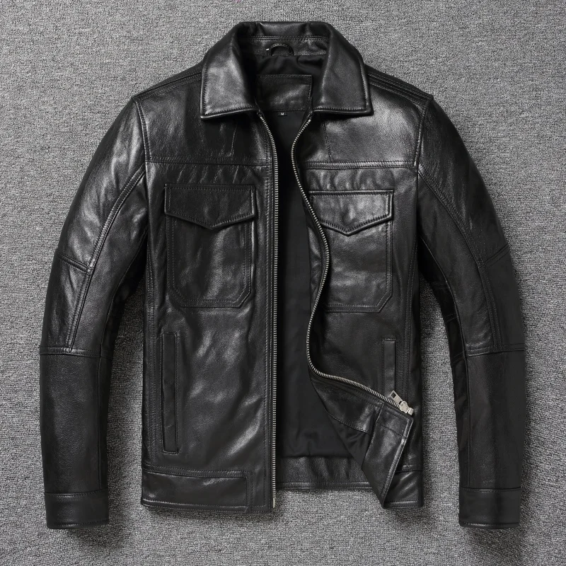 

2025 New Retro Workwear Style Leather Jacket, Waxed Untreated Soft Goatskin Coat, Men's Lapel Genuine Leather Motorcycle Jacket