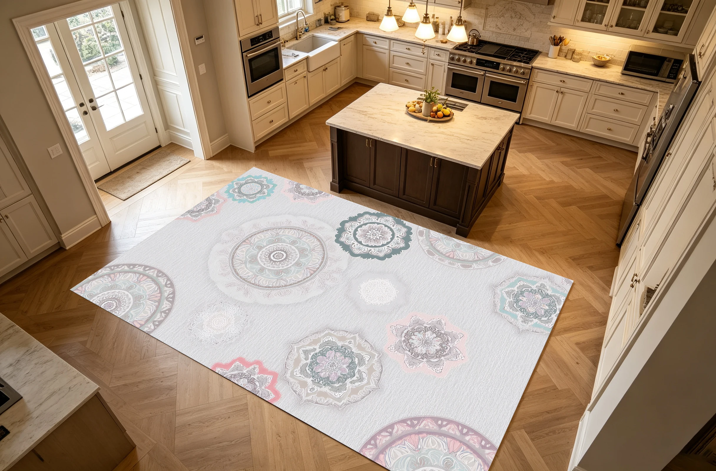 2D Large Rug in Light Gray Macaron Color with a Retro Mandala Style. Comfortable and Skin-Friendly, Suitable for the Living Room