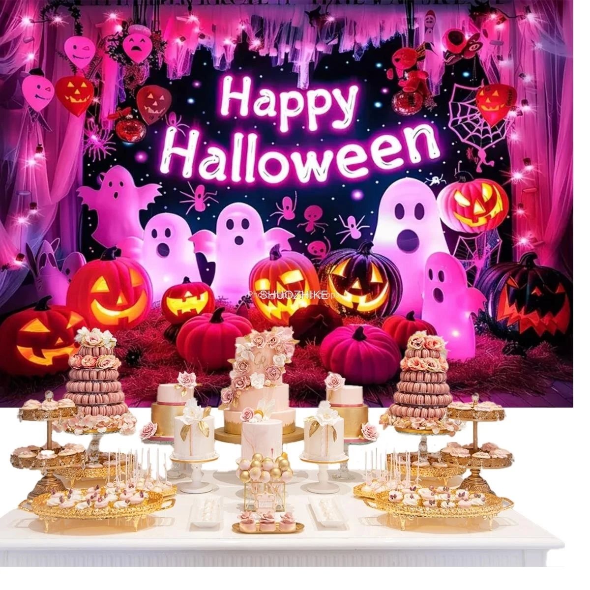 

Halloween Pink Soft Halloween Night Decoration Background Banner Family Party Room Decor Poster Happy Birthday Background B02