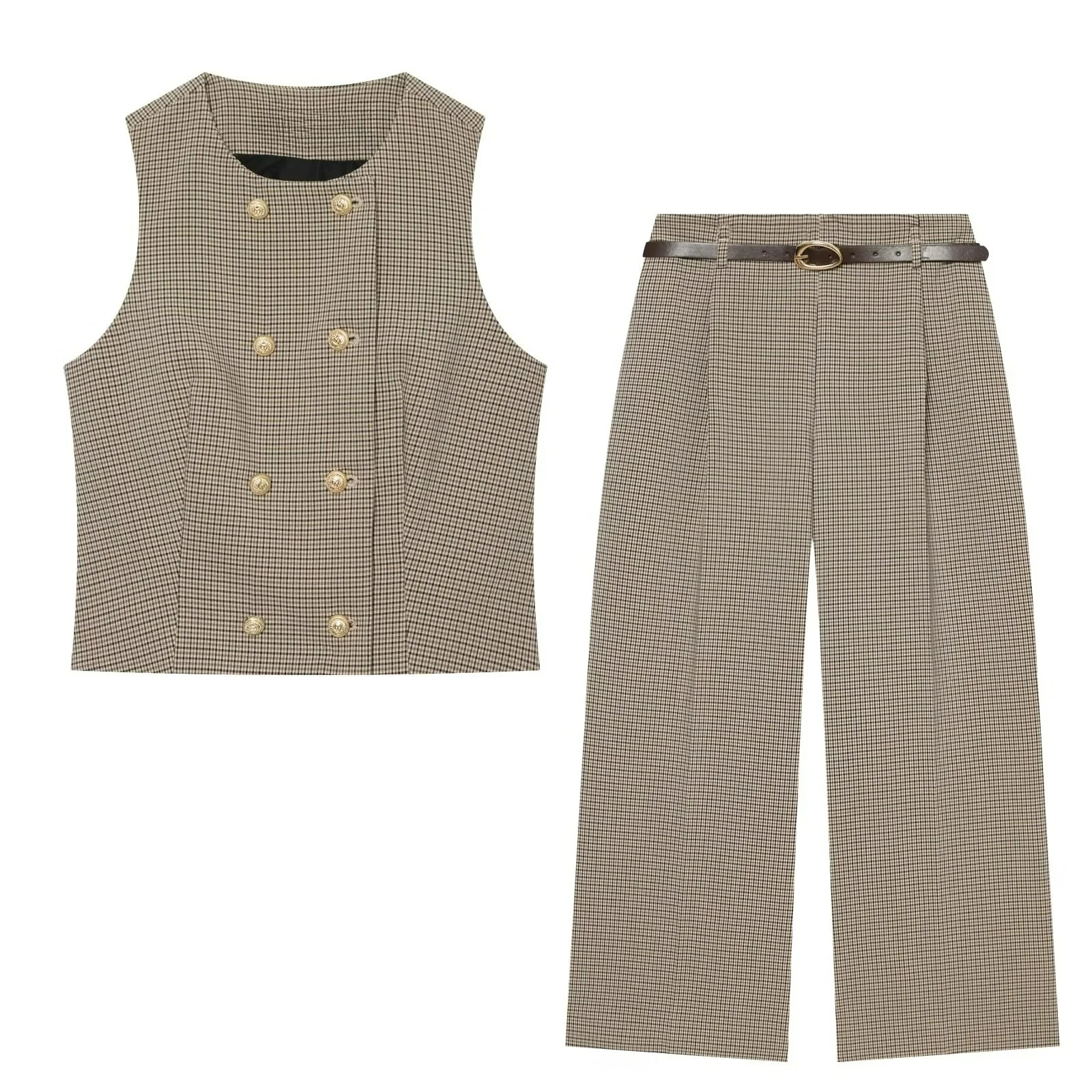 KONDALA Damen Klassisches Elegantes Kariertes Hosen-Set Vintage Lässige Doppelreihige Weste, Gürtel-Crop-Hose 2026 Herbst Chic Pendler-Set – Detail 3