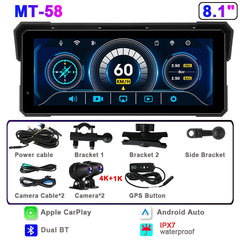 Srnubi 8.1 "Touchscreen 4K DVR Draagbare GPS-navigatie Draadloos CarPlay IP67 Waterdicht Stofdicht Voor Universele motorfietsen