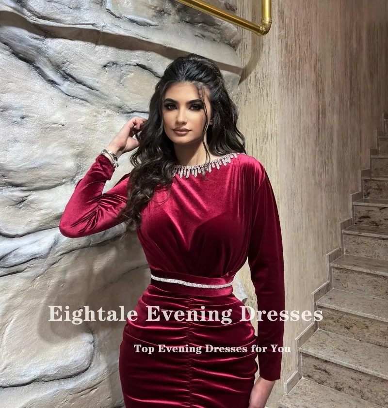 Eightale Velvet Evening Dress for Wedding Party O-Neck Long Sleeves Burgundy Beaded Sexy Pleats Arabic Mermaid Prom Gowns