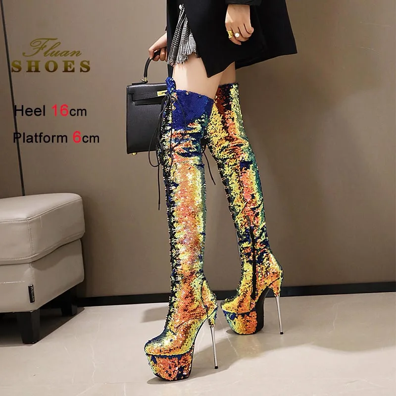 

Новые женские ботфорты с пайетками, на высоком каблуке, для сцены и подиума, туфли-стилеты для ночного клуба, длинные сапоги CD