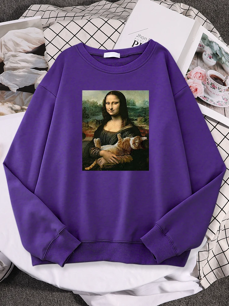 Sweatshirts Mona Lisa Hugging Cat Sweatshirt Female Punk Aesthetic Fall  Womens sweater Oversized Warm O-Neck Hoodies Women