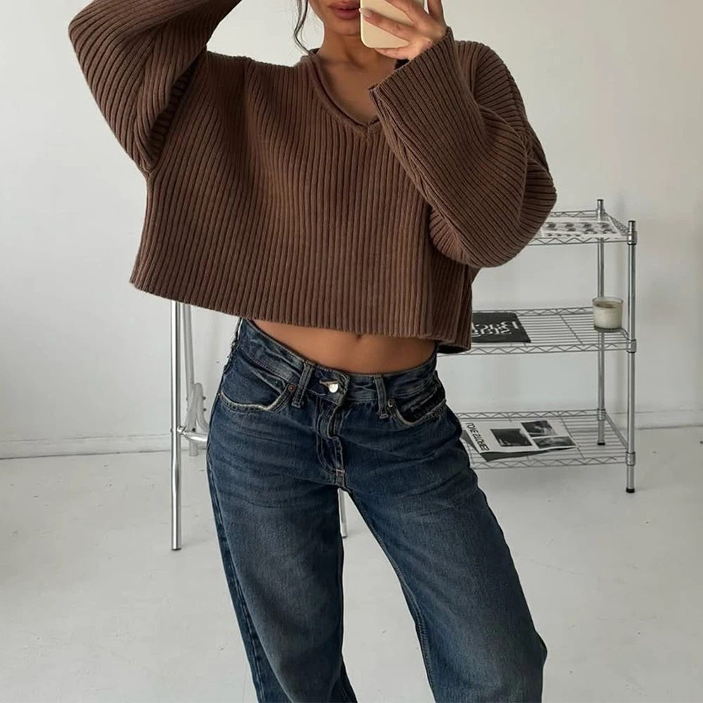 아메리칸 레트로 스타일 여성용 루즈핏 브이넥 단색 스웨터 가을 겨울 패션 다용도 스트라이프 탑