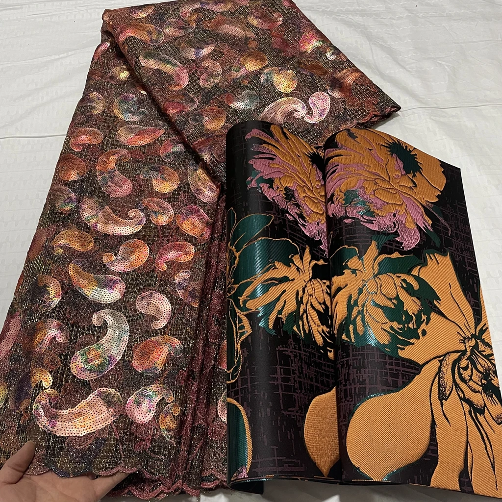 

Luxury Multicolor Sequins French Lace Gold Metallic Embroidery African Tulle Mesh Fabric 5Yards Elegant Nigerian 3D Sego Headtie