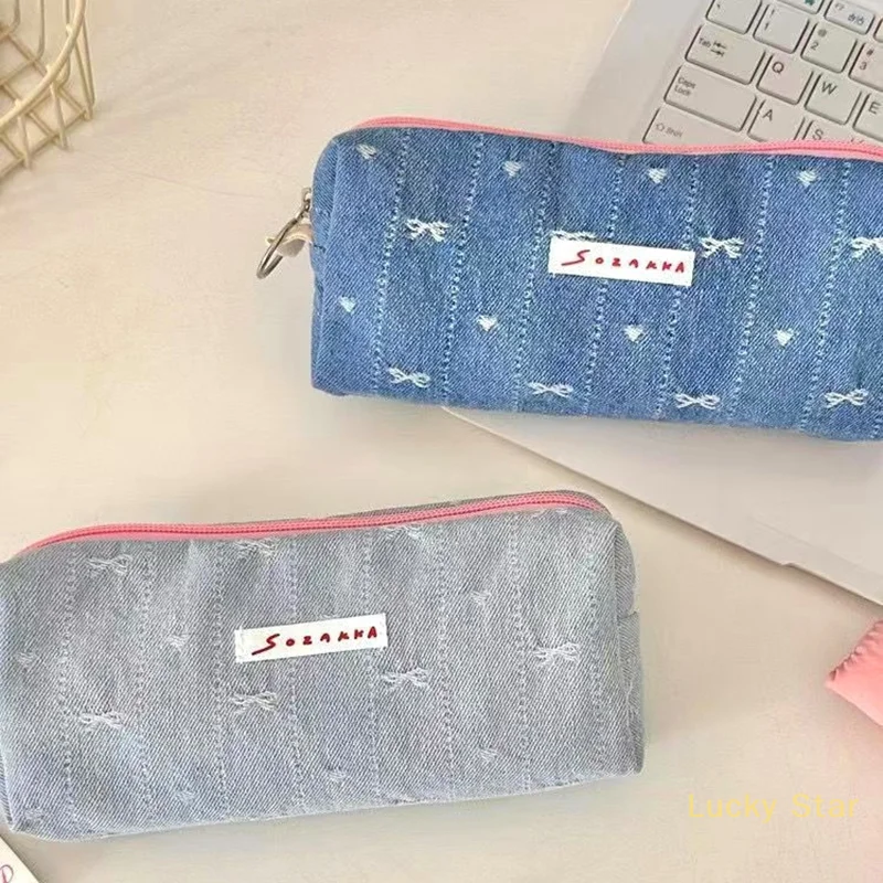 Ins Style Denim Pencil Case Cute Multi Functional Large Capacity Stationery Organizer Storage Bag Student Pen Bag Makeup Bag