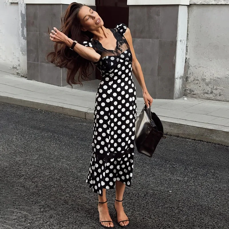 فستان ماكسي مثير مطبوع عليه دانتيل من Ticketsx فستان نسائي مفرغ منقط مرقع بدون أكمام فستان نحيف أنيق للإجازات