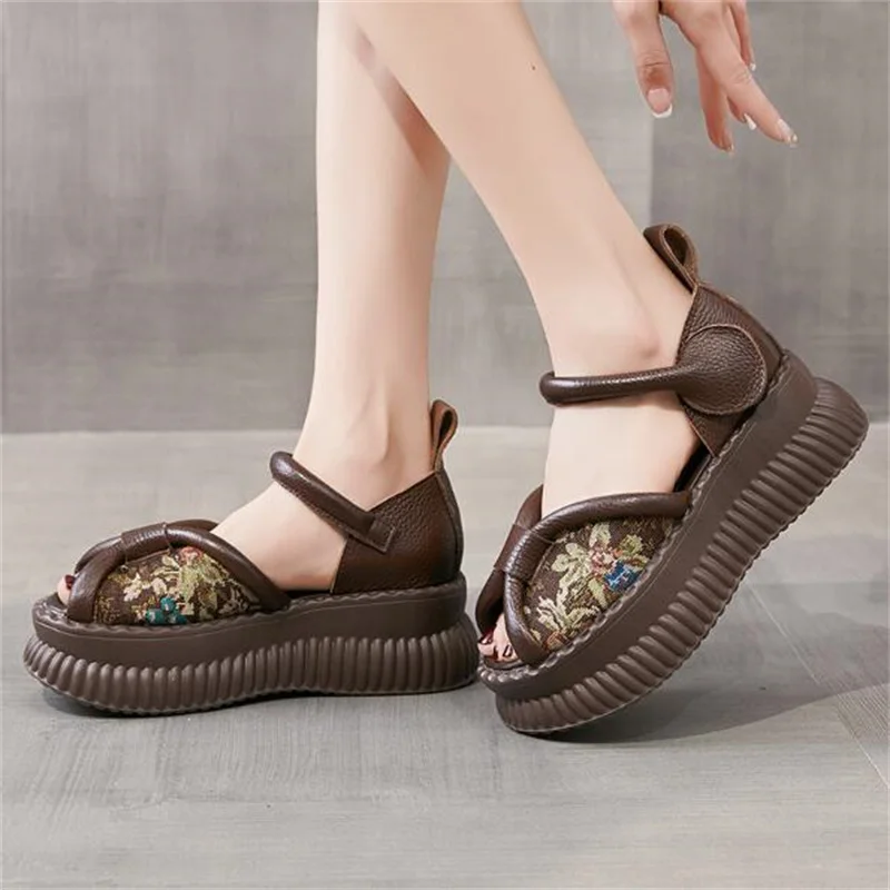 ZXRYXGS High-end Top Cowhide Embroidery Sandals Fashion Shoes 2025 New Summer Open Toe Women Wedges Sandals Increased Shoes