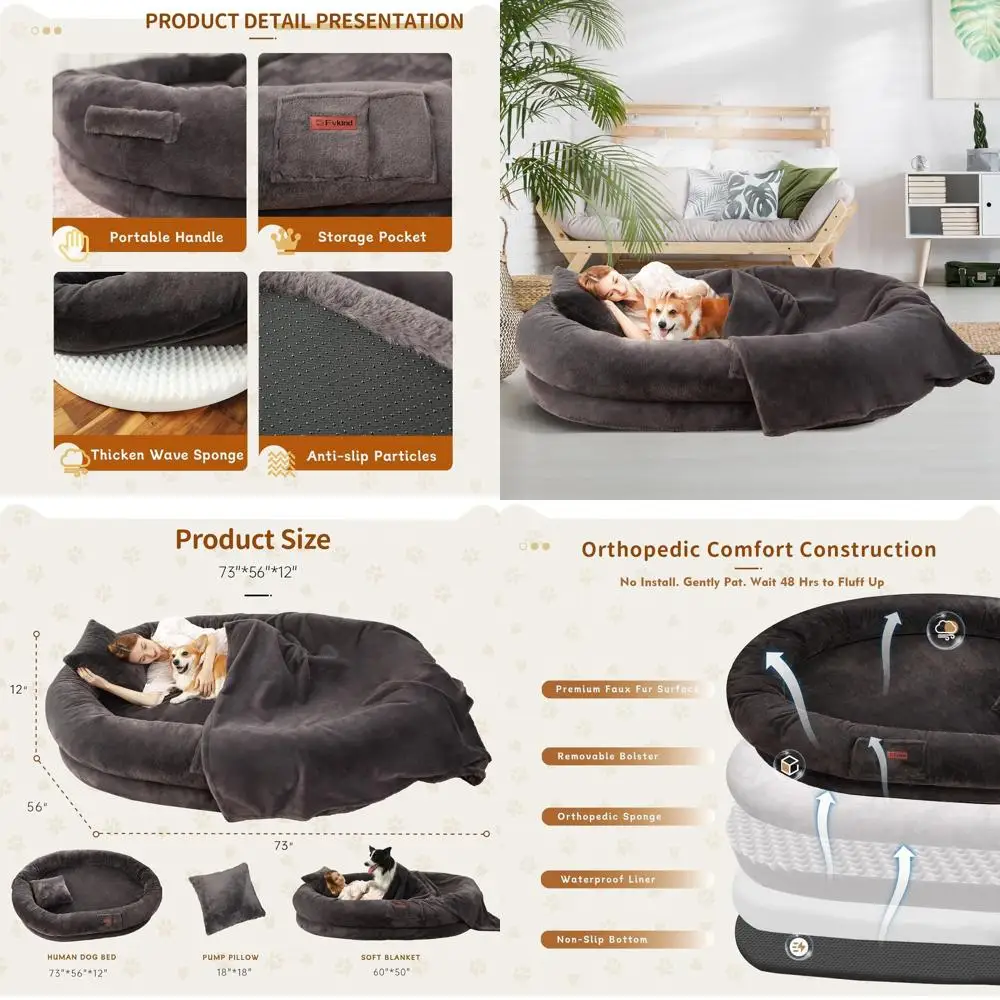 

Luxurious Oversized Orthopedic Dog Bed for Adults, 73x56x12, Washable Faux Fur with Removable Cover, Includes Blanket and Pillow