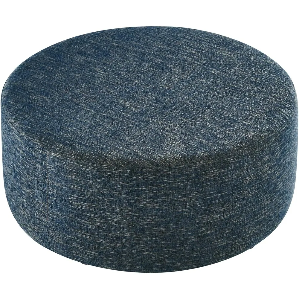 38 Inch Round Ottoman in Heathered Weave Azure - Heathered Woven Fabric - Versatile Upholstered Coffee Table and F