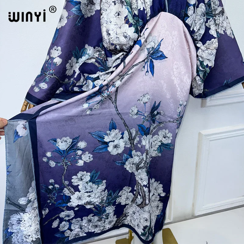 WINYI Bohemian Summer Beach Dress High Quality Double Sided Boho Printing Elegant Silk Maxi Dress Women Evening Party Kaftan