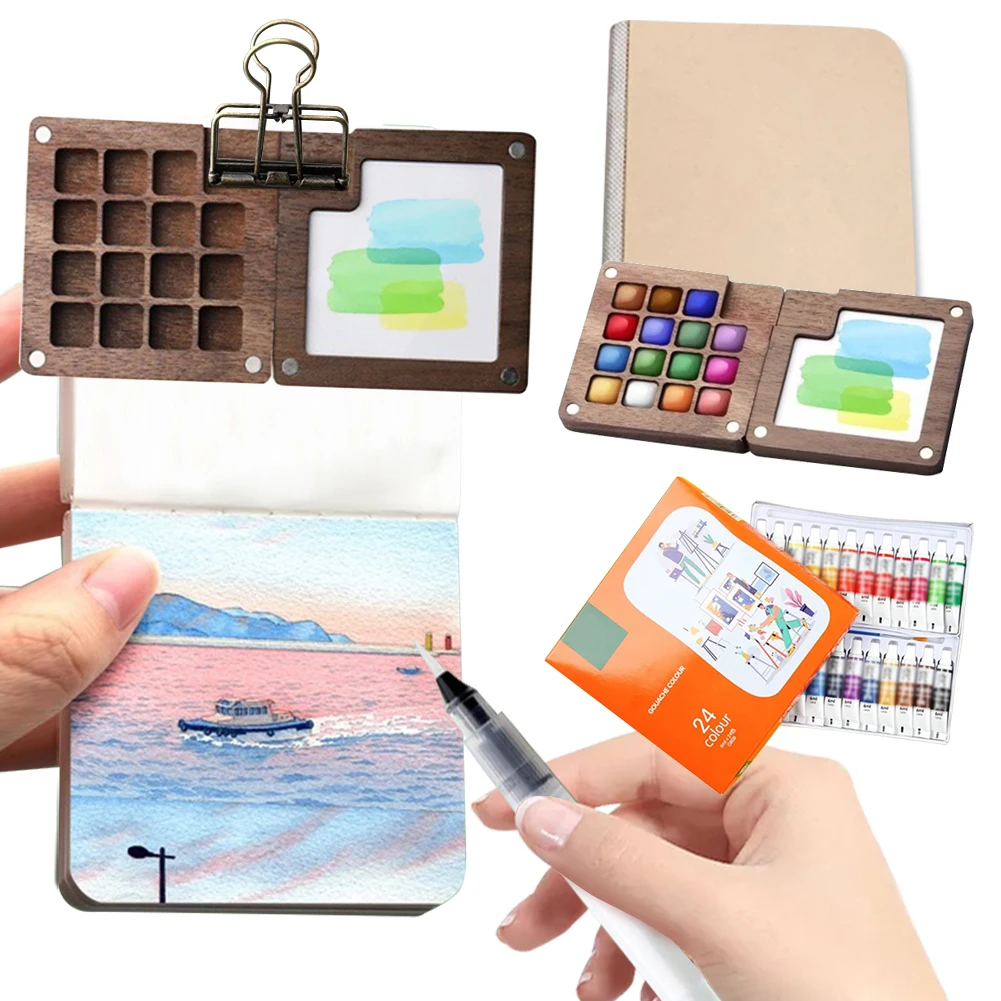 8/15 Colors Portable Travel Watercolor Palette Set Mini Walnut Paint Box Artist Watercolor Paint Palette Sketchbook Art Supplies