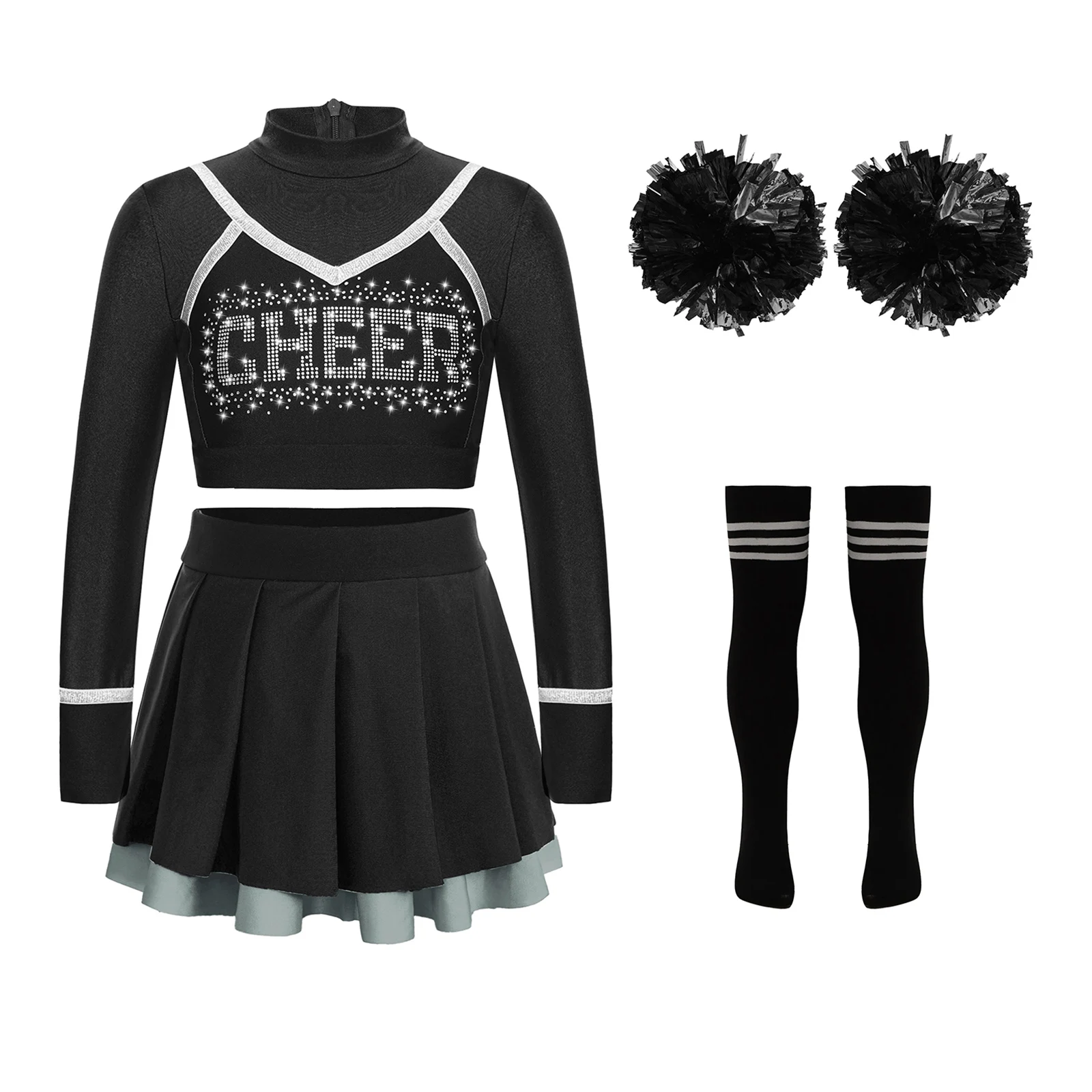 

Kids Girls Cheerleading Dance Outfit Long Sleeve Letter Pattern Contrast Color Crop Top+Pleated Skirt+Flower Balls+Socks Sets