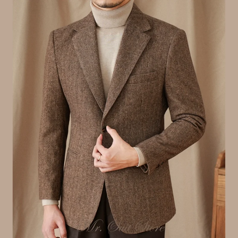 

Классический итальянский мужской пиджак, однобортный, осенне-зимний теплый костюм в стиле ретро, мужская деловая повседневная мужская одежда с узором «елочка»