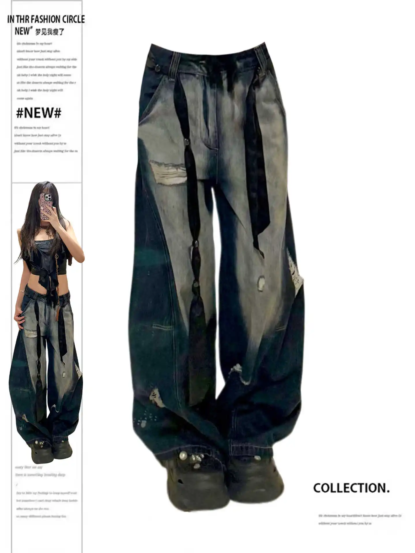 

Summer Women's Jean Boyfriend Ripped Punk Wide Fit Denim Pants Grunge Y2K American Retro Japanese Harajuku Pants Design Goblin