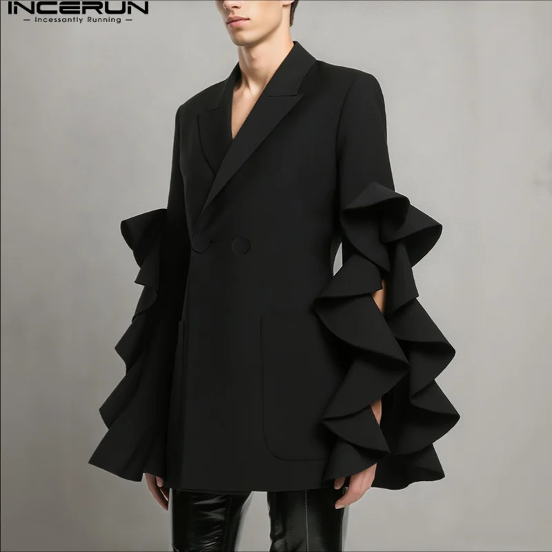 INCERUN Men Blazer Solid Color Lapel Ruffle Sleeve Casual Male Suit Streetwear Loose 2025 Personality Elegant Fashion Thin Coats