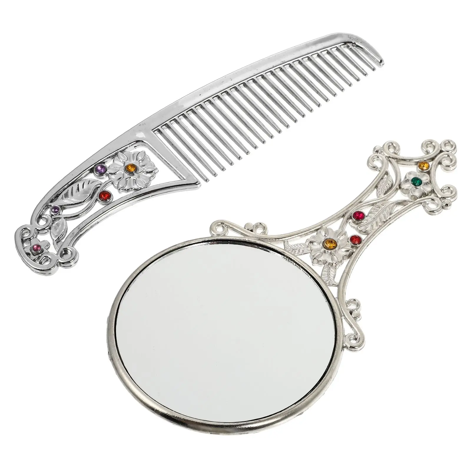 

Retro Floral Retro Mirror Set Vintage Mirror Compact Silver Color Lightweight Handheld Makeup Travel Portable