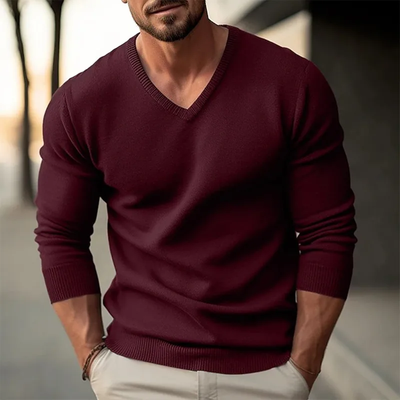 FAVOCENT Knit Sweater Solid V-Neck Slim Fit 8