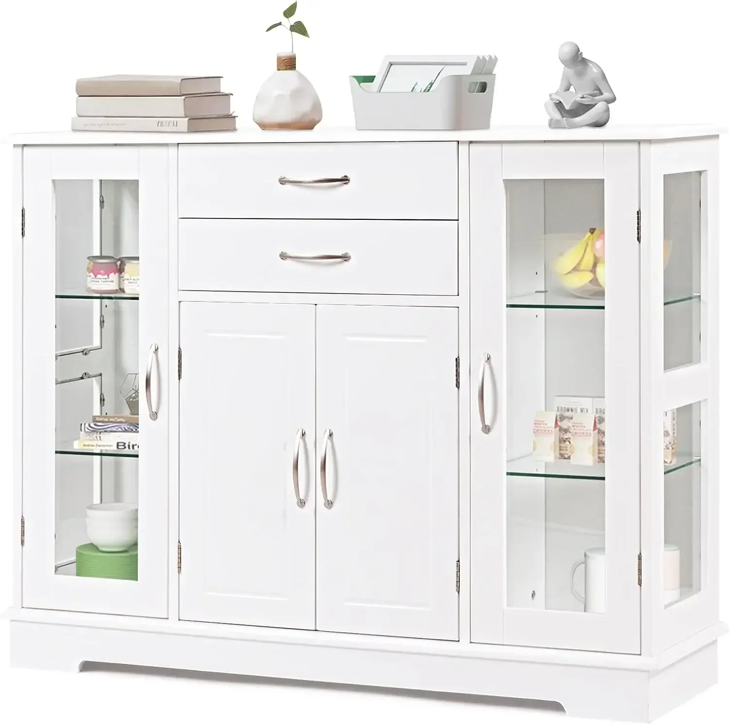 Sideboard Buffet Server Storage Cabinet W/ 2 Drawers, 3 Cabinets and Glass Doors for Kitchen Dining Room Furniture (White)