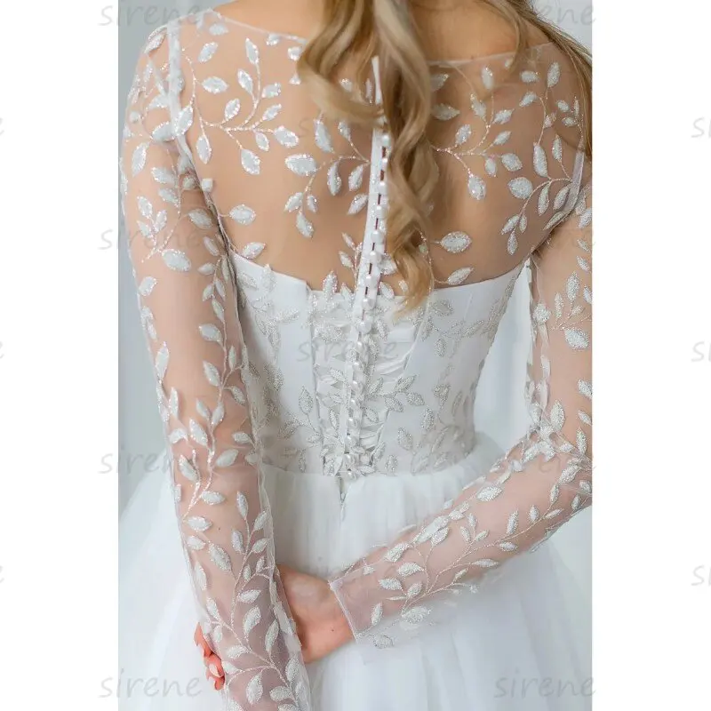 Vestido De Novia corto blanco con cuello redondo, manga larga, Apliques De encaje, ilusión trasera De tul, largo hasta el té