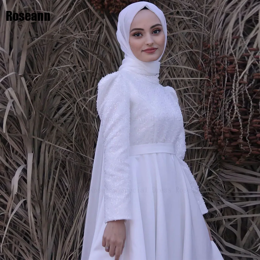 Muslim 2024 New Fashion Ivory High Collar A-line Wedding Dresses Paillette Brush Train Floor Length Bride Dress robe de mariée