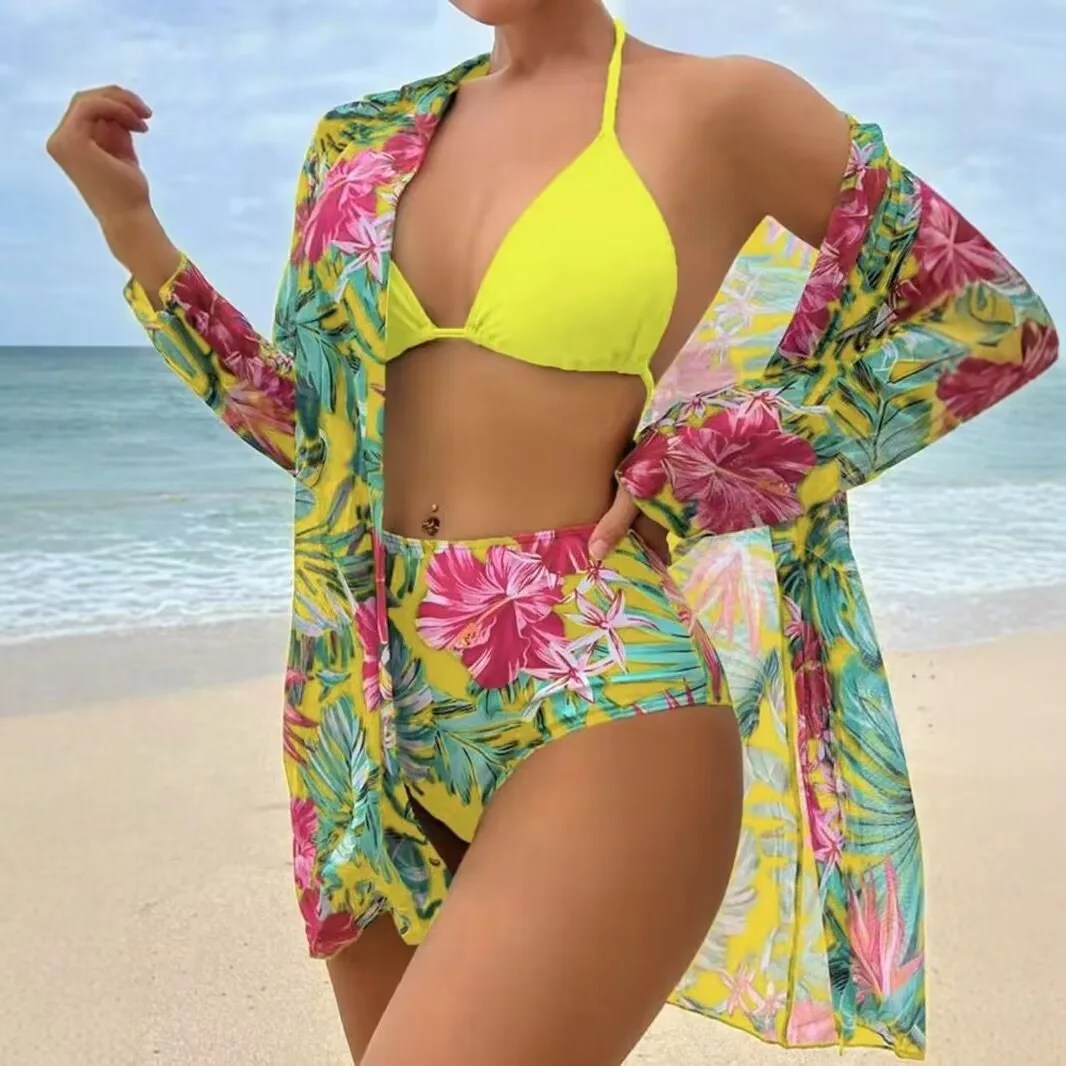 Bikini triangular con cuello Halter de 3 piezas, traje de baño estampado 2025, traje de baño femenino de cintura alta, bañadores tipo kimono, traje de baño para nadar