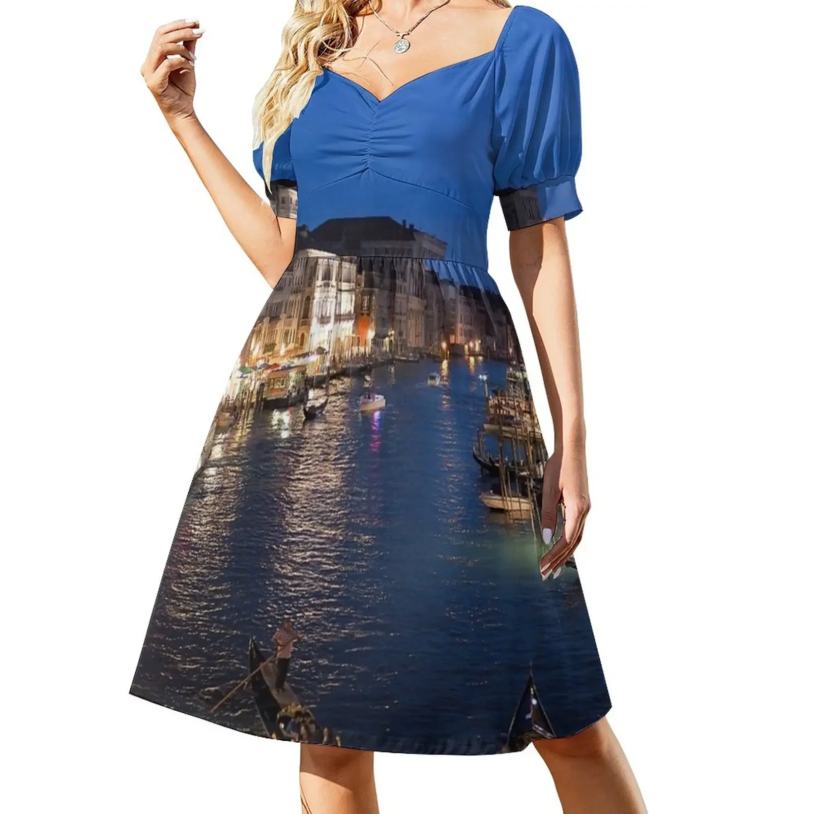 Venice, Italy - Grand Canal illuminated at night panogramic photograph Short-Sleeved Dress beach dress Woman clothes