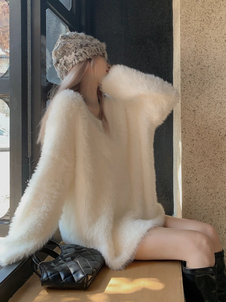 2022 Winter V-Neck Elegant Sweater Women Casual Outwear Faux Fur Knitted Pullover Office Lady Y2k Clothing Korean Fashion Chic