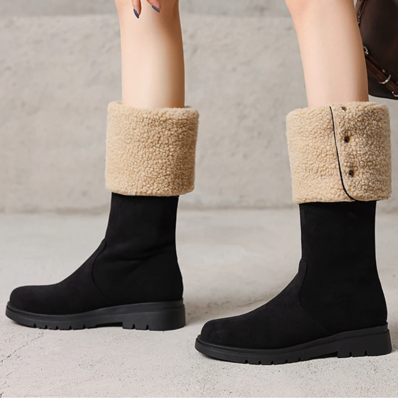 

Женские зимние сапоги до колена на меху, черные зимние ботинки, повседневная обувь из искусственной замши на низком каблуке, длинная обувь, женская обувь большого размера