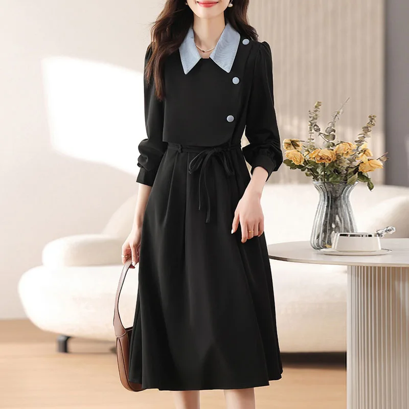 Vestidos de Verano para Mujer, Vestidos Nuevos y Únicos de Manga Larga con Cuello de Solapa, Vestido con Cordones en Línea A para Mujer Q6347