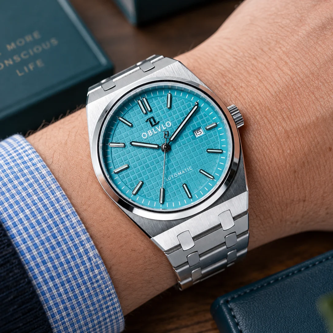 OBLVLO 316L Stainless Steel Automatic Men's Watch 41mm Blue Dial Luminous Hands Waterproof Mechanical Business Timepiece for Men