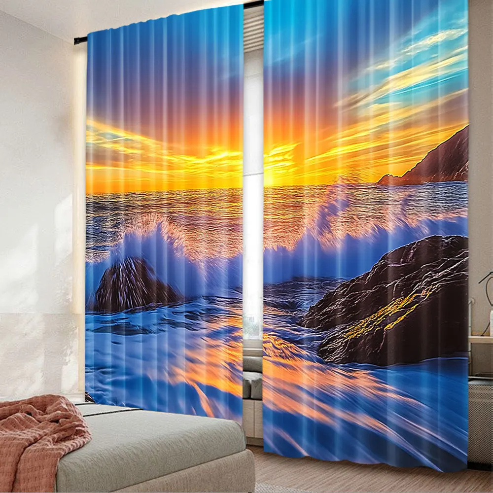 2Pcs Seaside Sunrise Sunset Curtain Sea Water Waves Rocks Water Drops Sun Curain Suitable For Bedroom Living Room Dorm