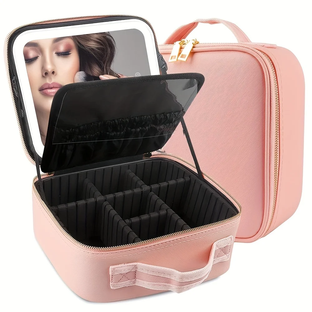 Bag with Mirror and Light Travel Makeup Train Case Cosmetic Organizer Portable   Bag with Adjustable Dividers Makeup Brushes  Or