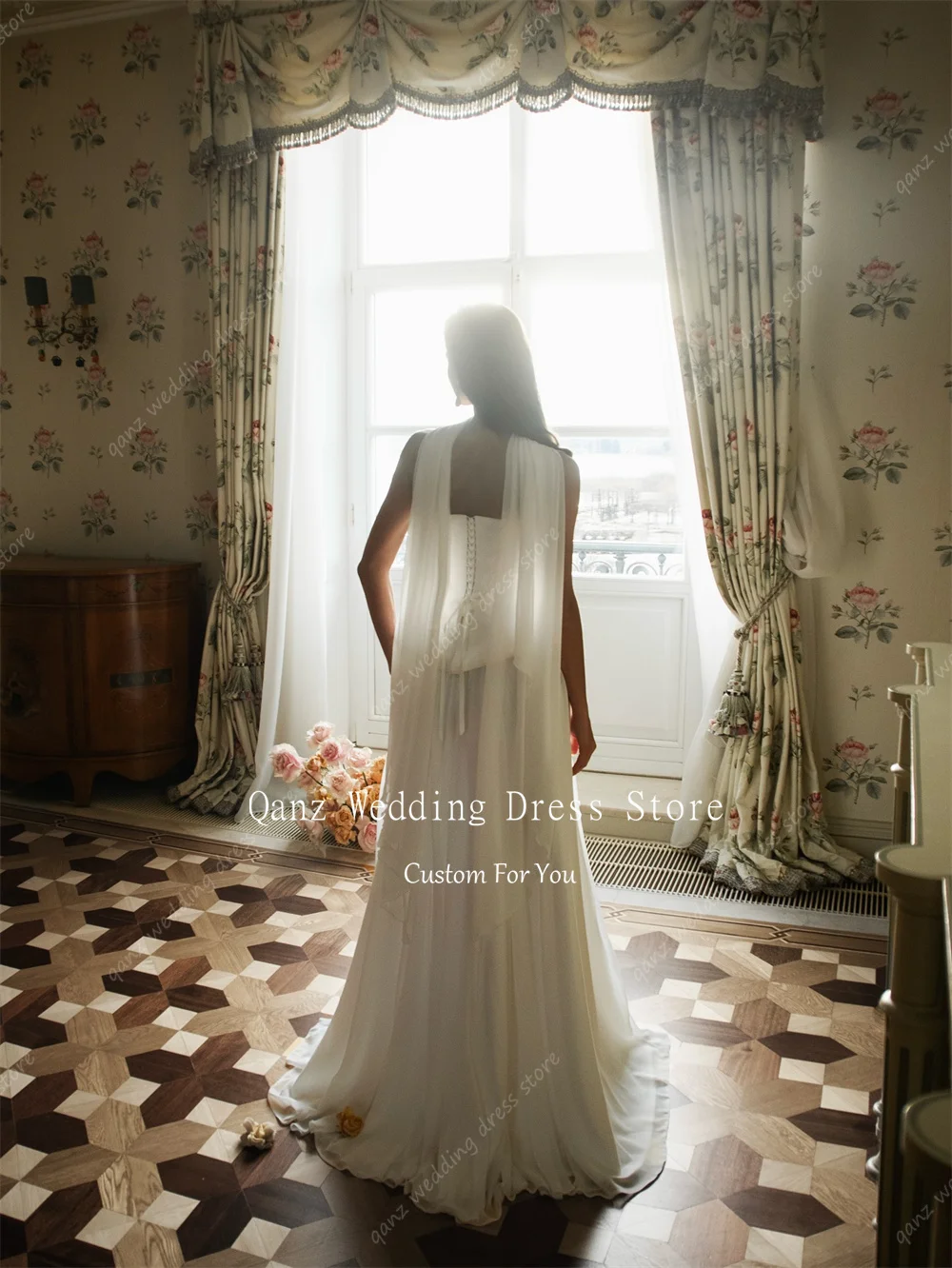Qanz Gracefull Long A Line Wedding Dresses Sweetheart Chiffon Backless 2 Pieces Robe De Mariée Backless Bridal Gowns Customized