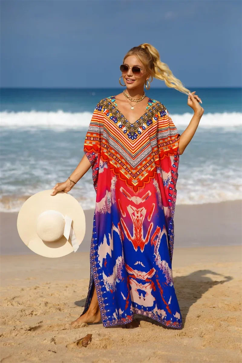 Bohemian Print Sun Protection Beach Cover Up Women's Side Split Hem V Neck Pullover Cover-ups Female Beachwear One Size Coverall