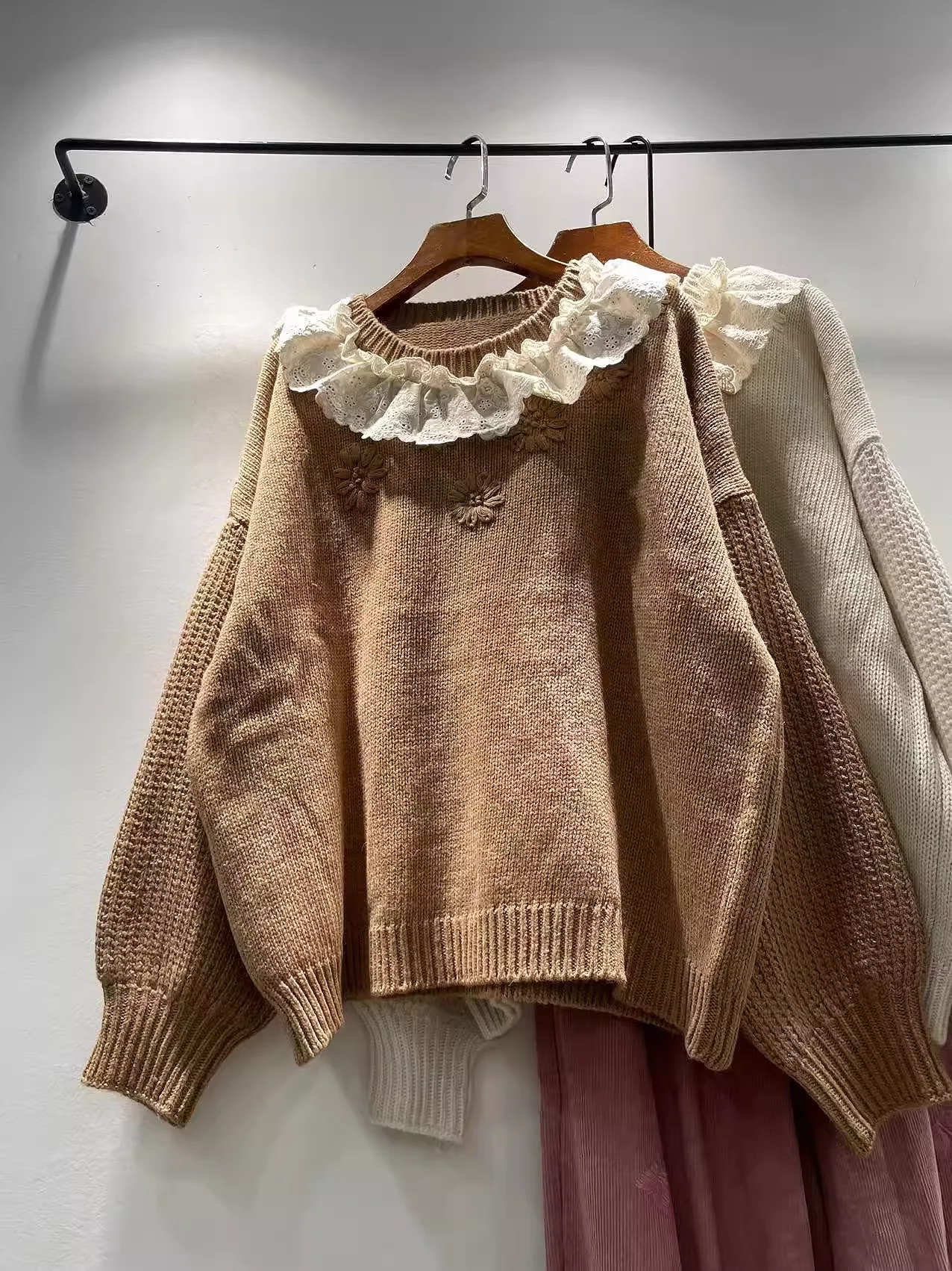 

Enianechu, зимняя одежда, женский японский стиль, хлопковый свитер с кружевным воротником, пуловер Mori Girl, милый толстый теплый вязаный свитер