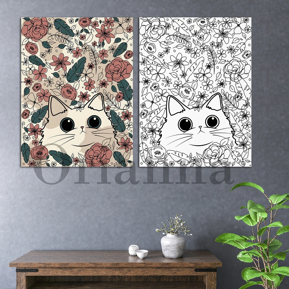 Abstract Black White Color Persian Cat White Cat Flower Wall Art Canvas Print Poster Living Room Bedroom Corridor Decor Painting