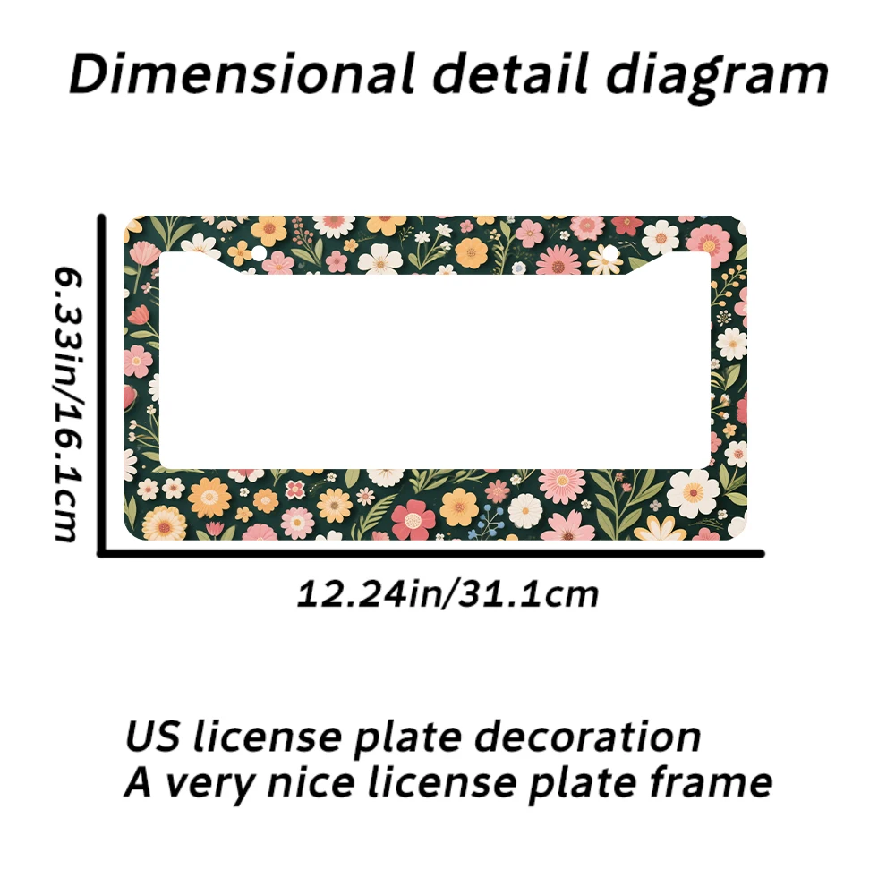 1 قطعة إطار لوحة ترخيص بنمط زهور عتيقة بفتحتين، تصميم زهرة متعدد الألوان، مادة ألومنيوم، 6 × 12 بوصة، مع طقم براغي
