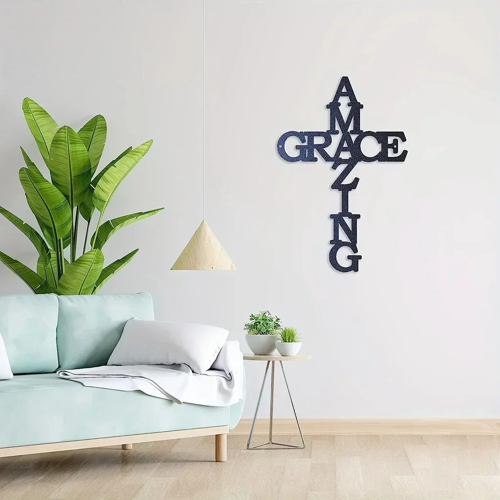 

Hello Young 1pc Amazing Grace Cross Christian Metal Art Steel Home Decor Modern Fashion Wall Hanging Decoration Home Office Rest