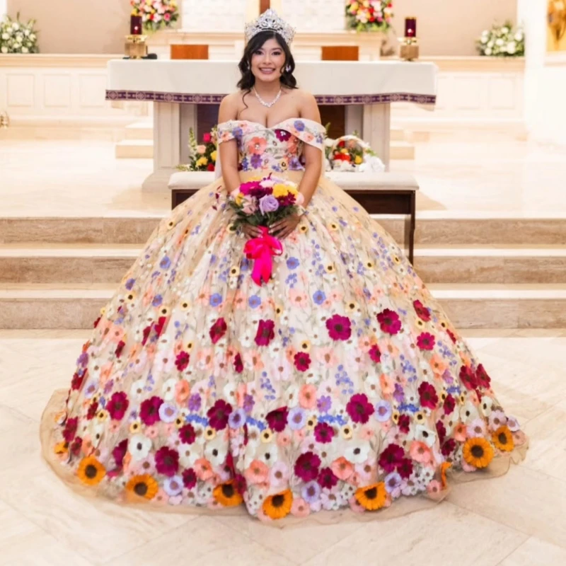 

Champagne Shiny Quinceanera Dresses Ball Gown Off The Shoulder Applique Flower Tull Corset Party Birthday Sweet 16 Dress Vestido