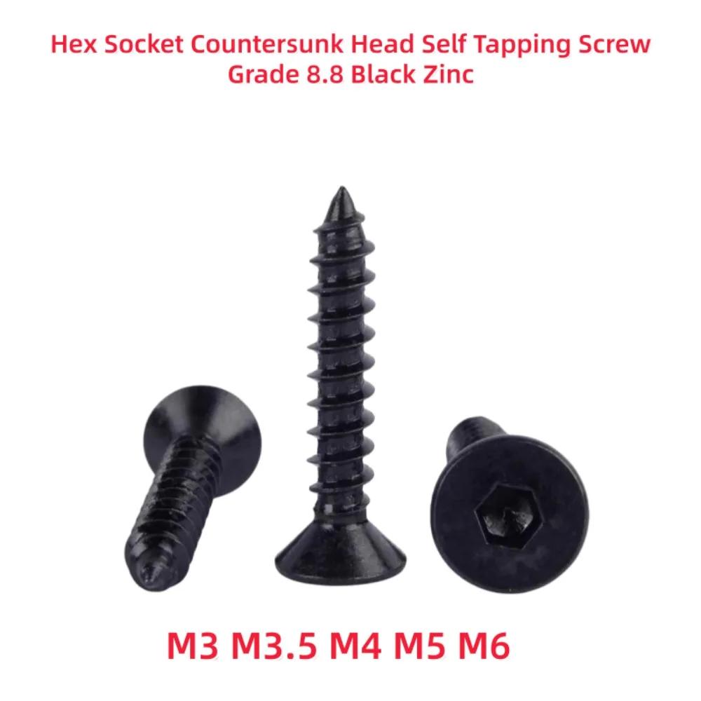 High Strength 8.8 Grade Black Hex Socket Countersunk Self Tapping Screws M3 M3.5 M4 M5 M6 Carbon Steel Wood Screw Fastener