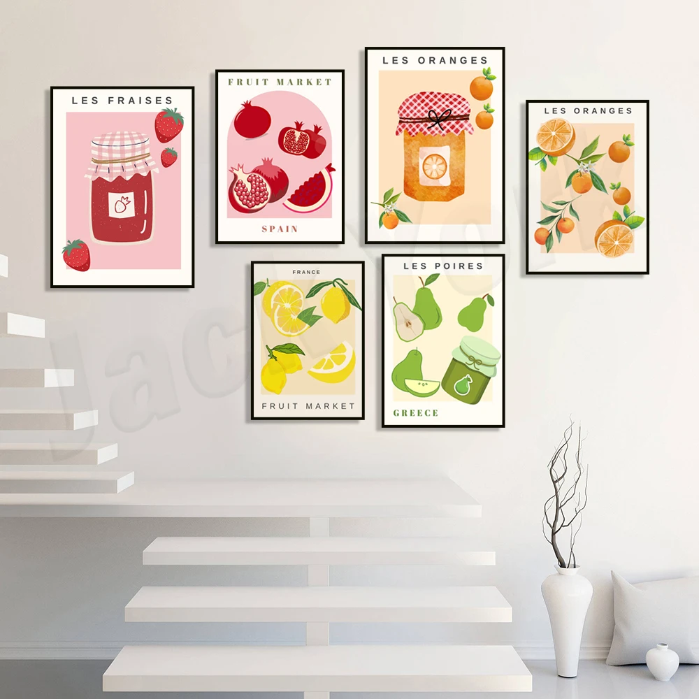 Póster de mercado de frutas, decoración de cocina de naranja, mermelada de fresa, mermelada de melocotón, limón, melocotón, Granada, naranja