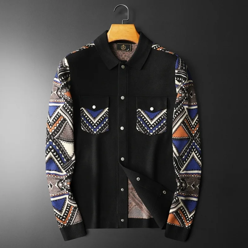 Chaqueta de punto con costura de Color de contraste geométrico Retro étnico para hombres, chaqueta Bomber Vintage con solapa, ropa de calle de otoño, traje de Club para hombres