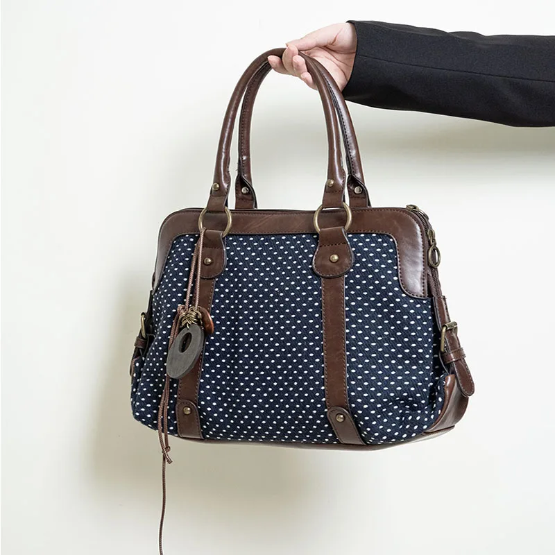 2025New bowknot shoulder tote bag, vintage, literary, simple, personalized cloth-dot handbag