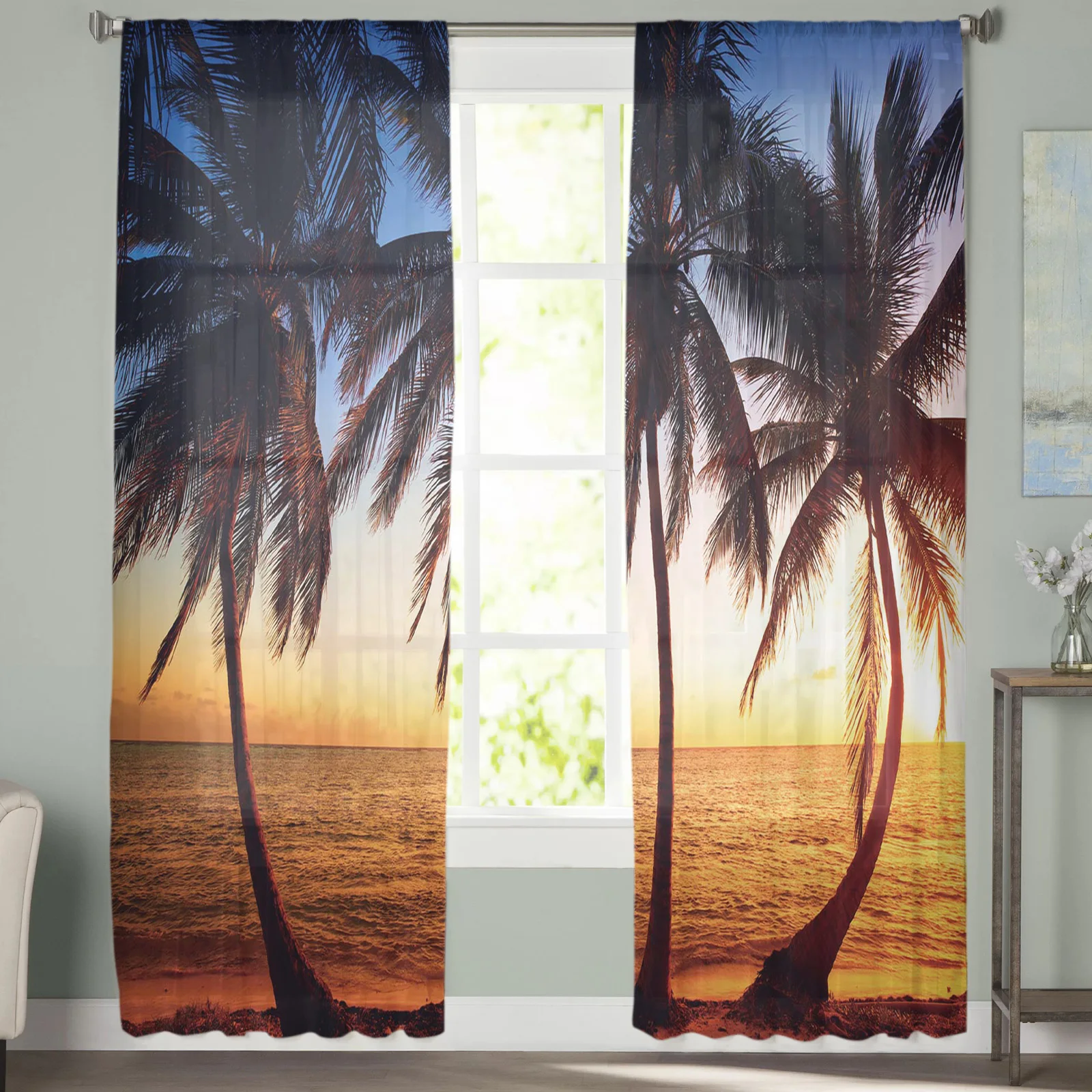 Twilight Beach Coconut Tree Sea Sheer Curtain for Living Room Bedroom Voile Drape Kitchen Window Tulle Curtains Home Essentials