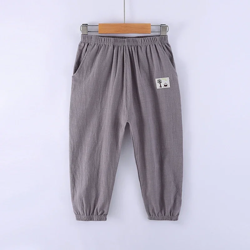 Children Trousers For Boys Girls Cotton Linen Elastic Waist Solid Color Summer Mosquito Pants Kids Clothing Long Pants 100-160cm