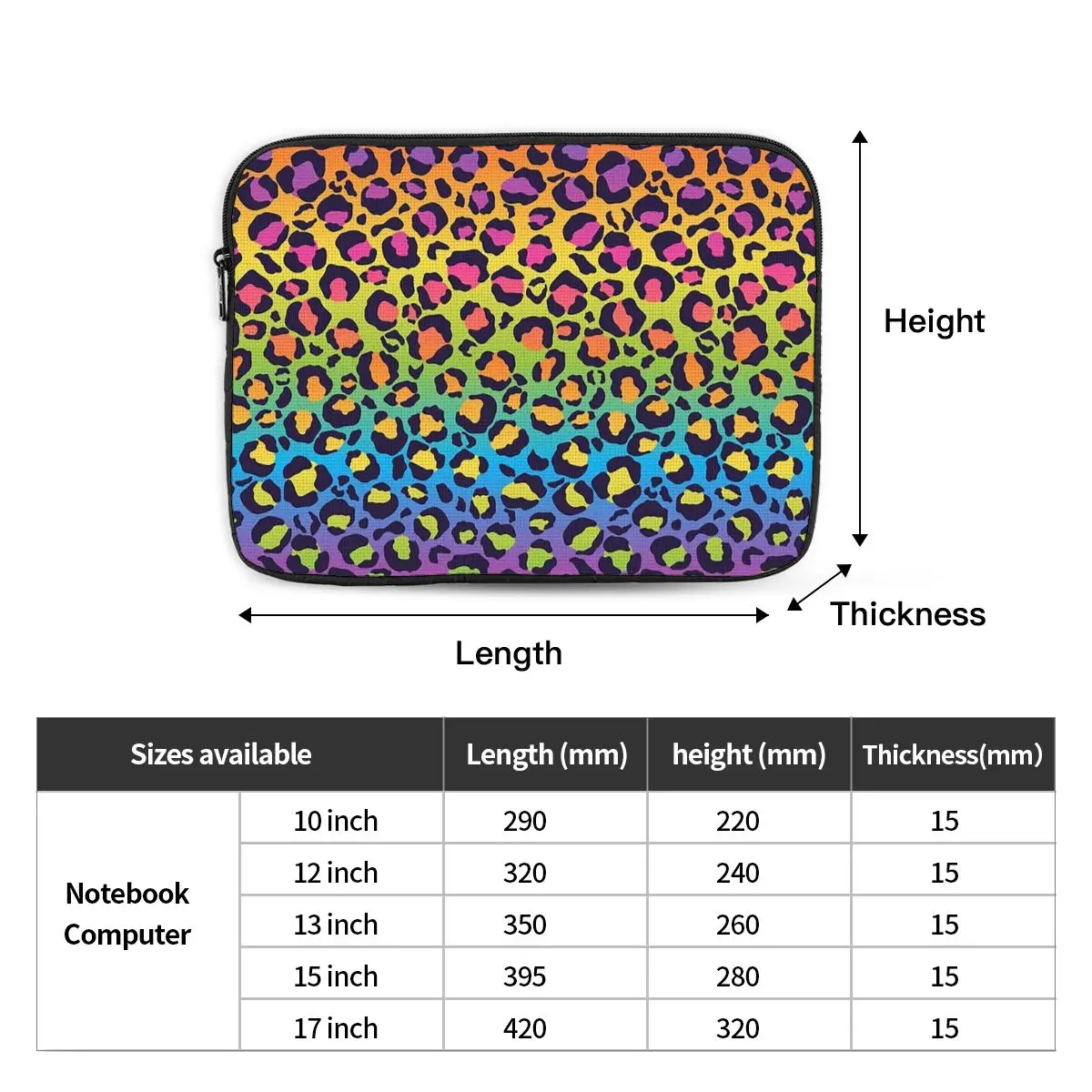Bright Rainbow Ombre Gradient Leopard Print Pattern 10 12 13 15 17 Inch Notebook Sleeve Cover Bag Tablet Shockproof Case Bag