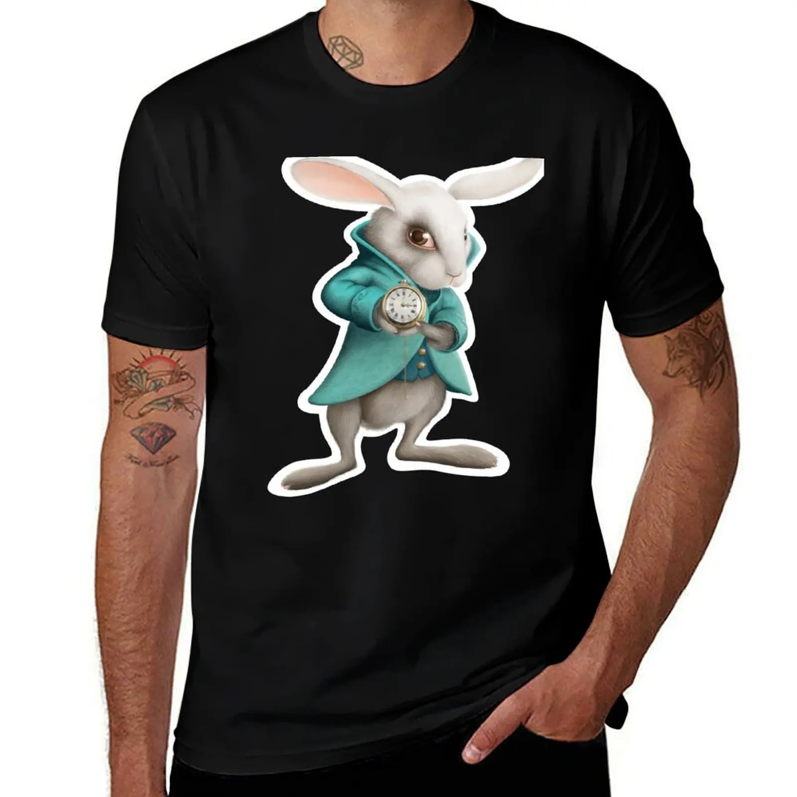 white rabbit with clock T-Shirt High Elasticity Sports T-Shirt